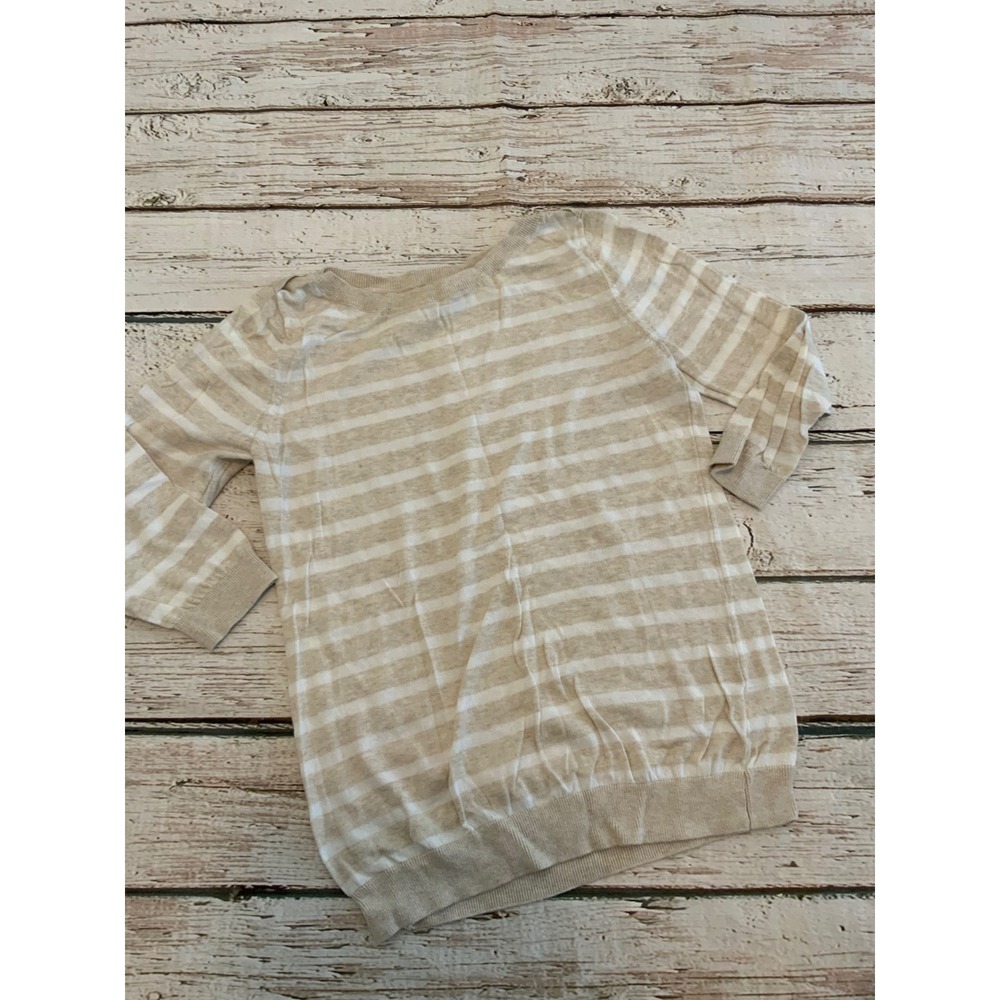 Old Navy Womens Medium Beige White Striped 3/4 Sleeve Knit Sweater Vintage Y2K